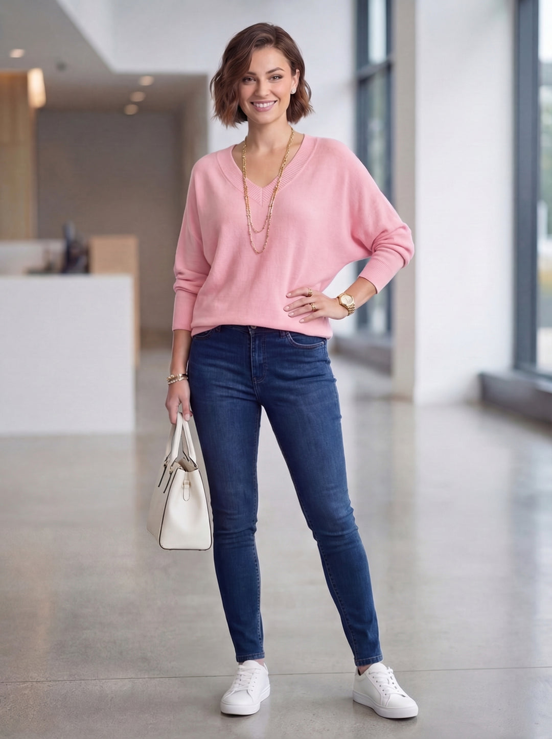 "CHRISTINE" V-Neck Soft Knit Jumper - Blush Pink