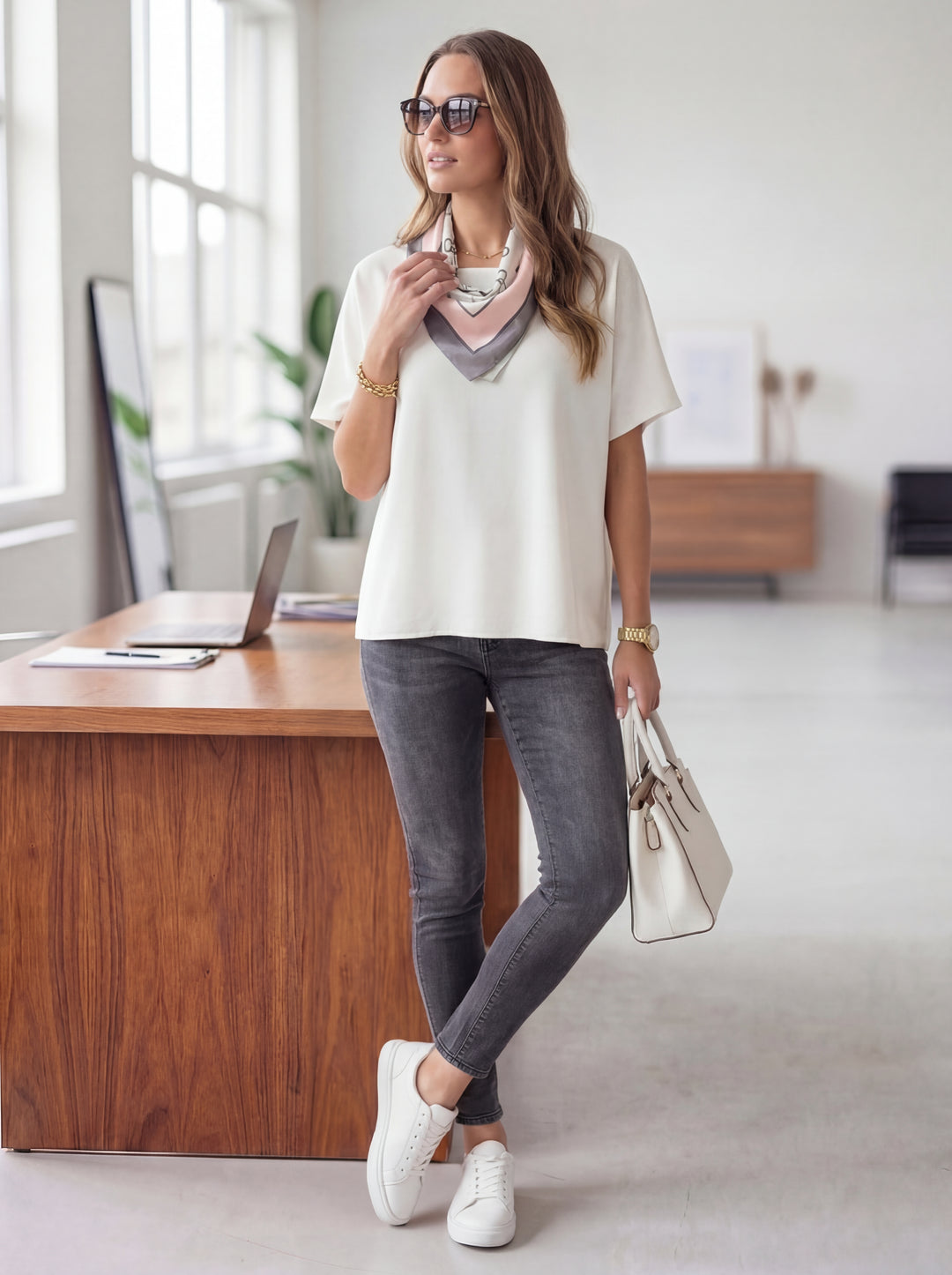 “KELLY” Premium Top With Scarf - Off White