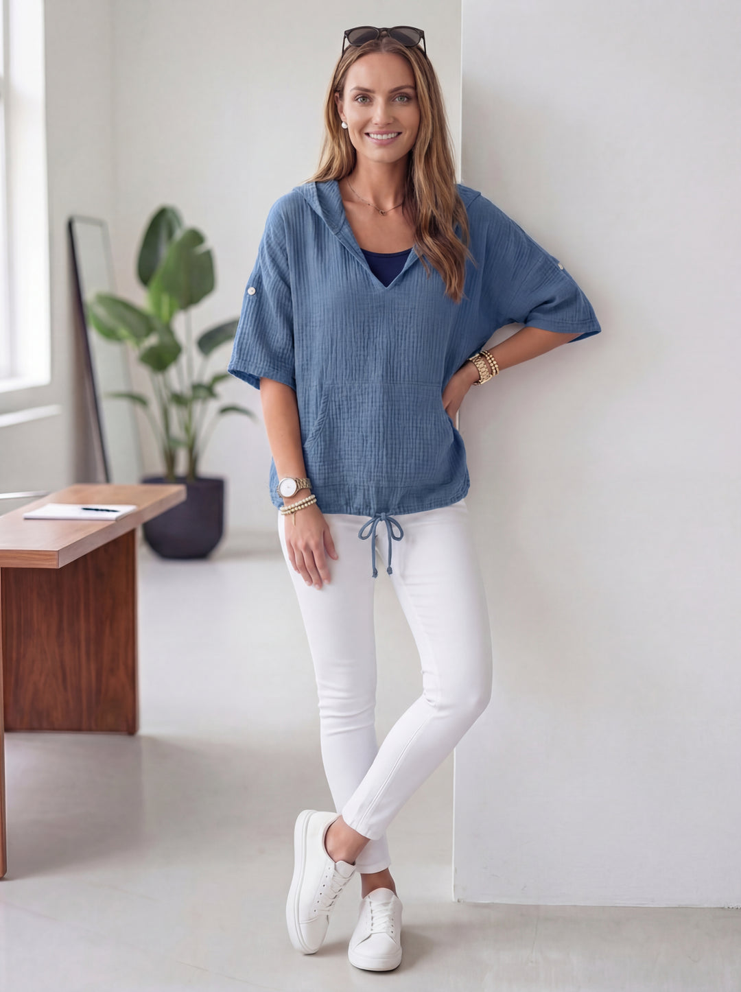 “ISABEL” Cotton Hooded Top - Denim Blue