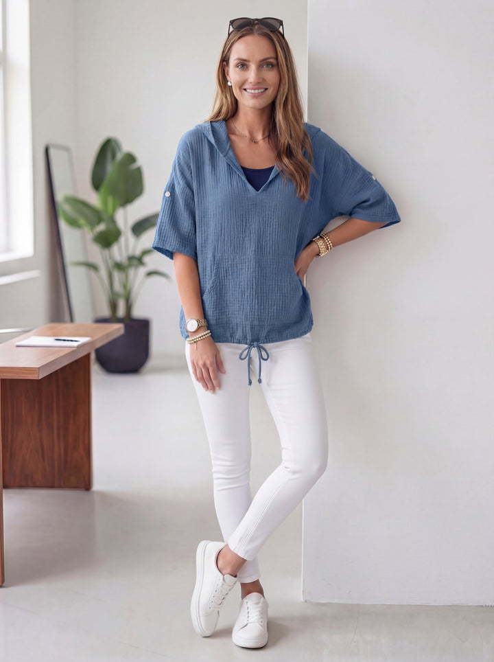 “ISABEL” Cotton Hooded Top - Denim Blue