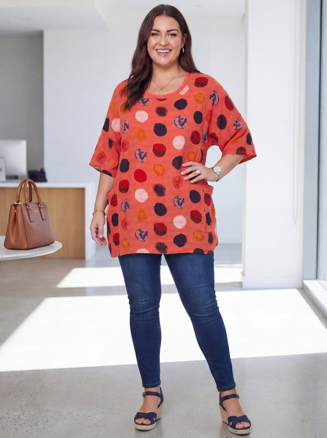 “NATALIE” Relaxed Fit Polka Dot Top - Coral