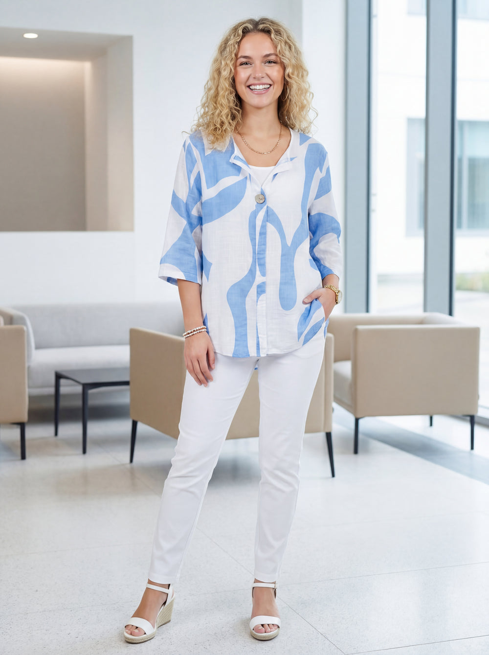 "SANDRA” V-Neck Cotton Top - Sky Blue