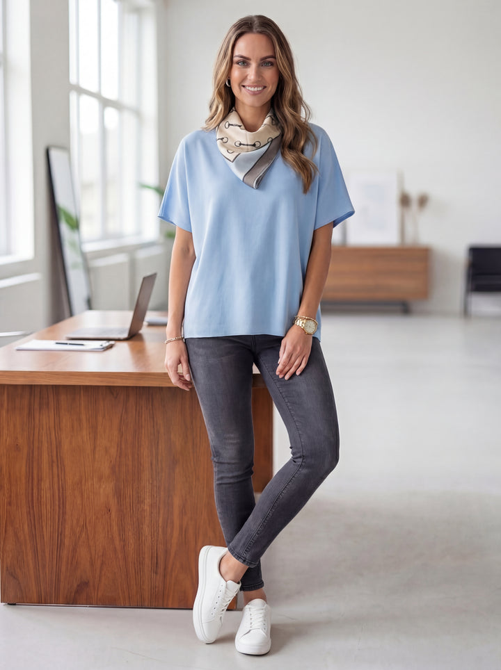 “KELLY” Premium Top With Scarf - Sky Blue