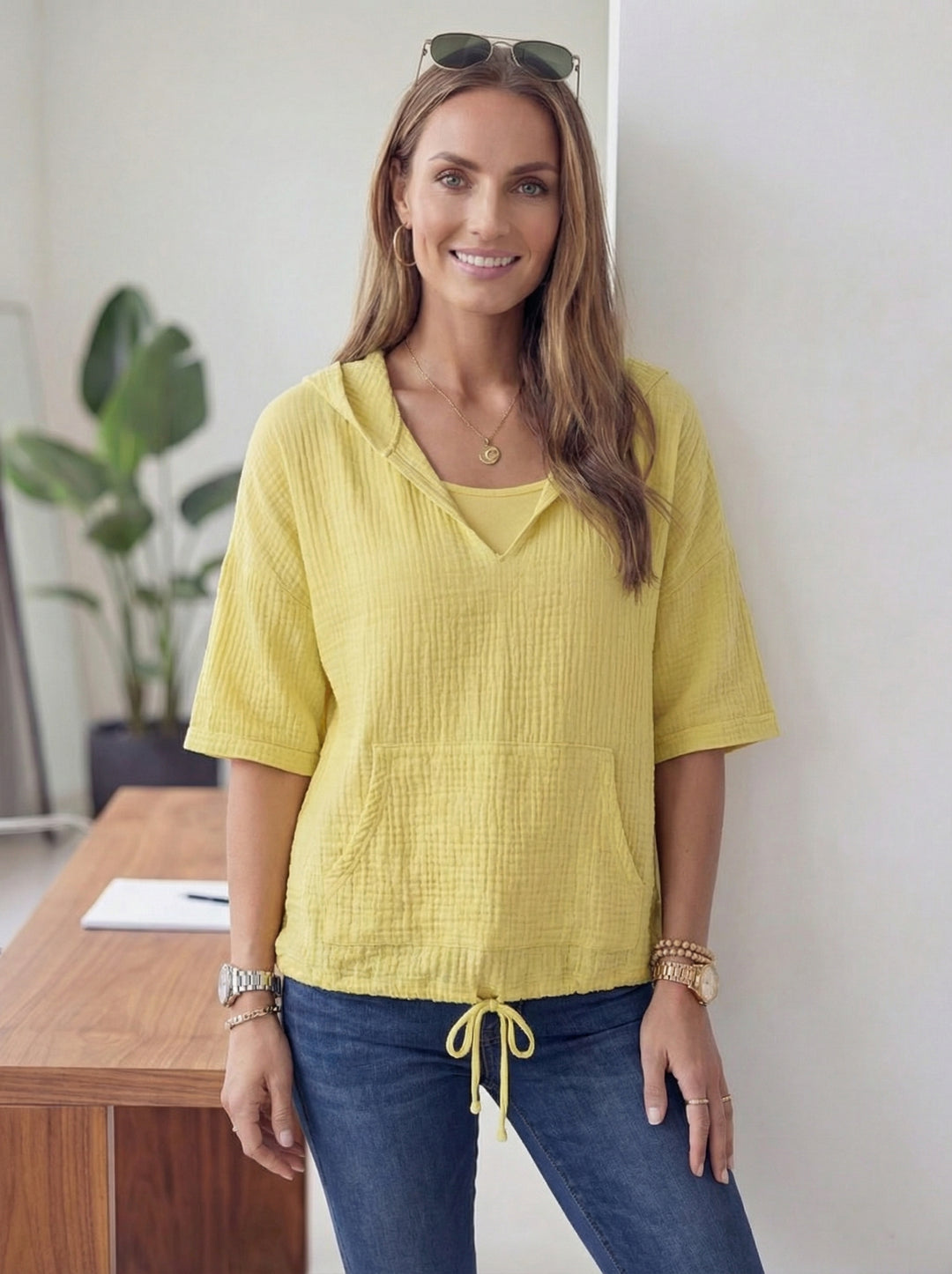 “ISABEL” Cotton Hooded Top - Yellow