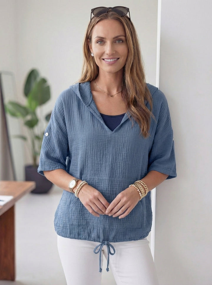 “ISABEL” Cotton Hooded Top - Denim Blue