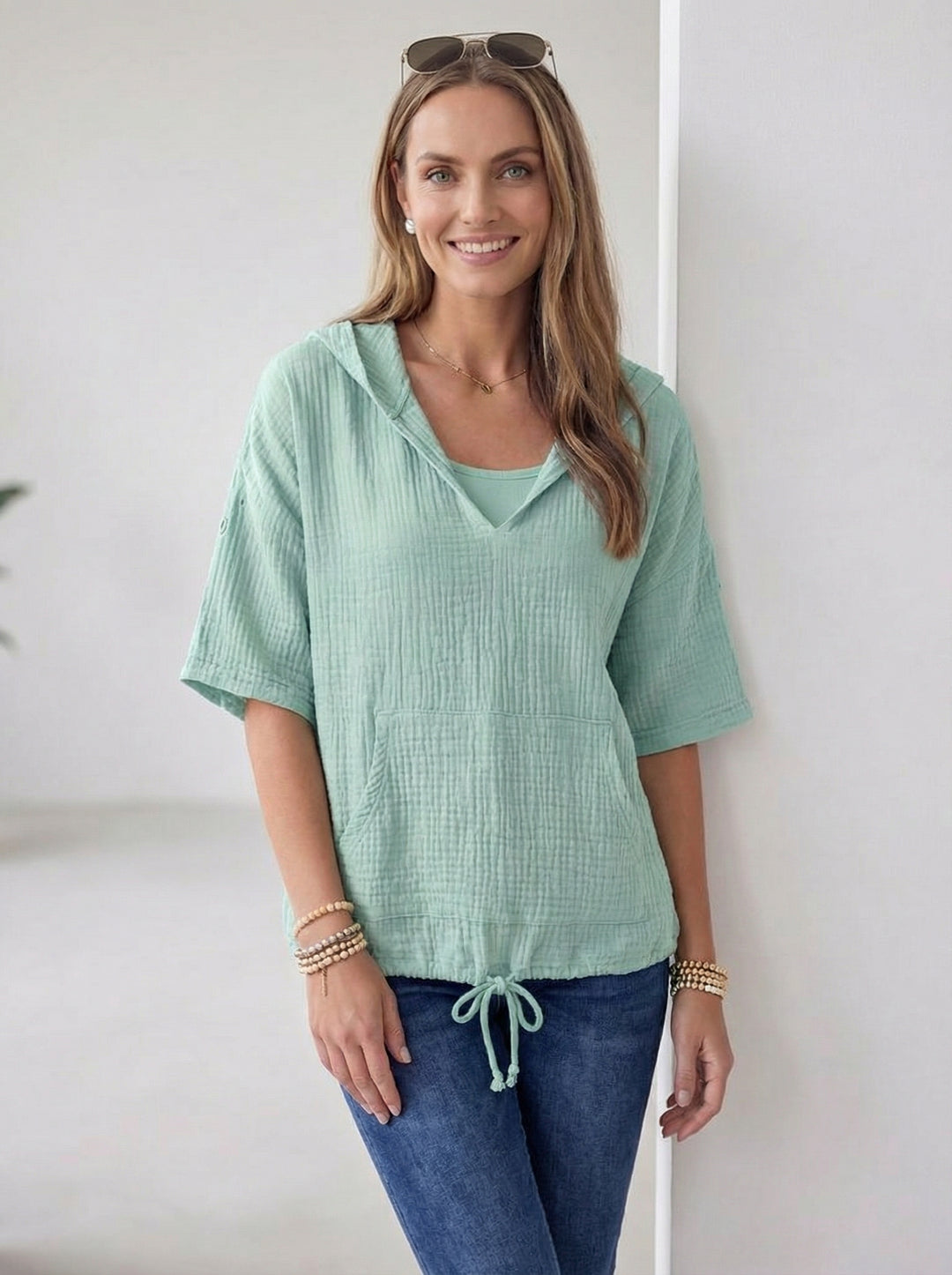 “ISABEL” Cotton Hooded Top - Mint