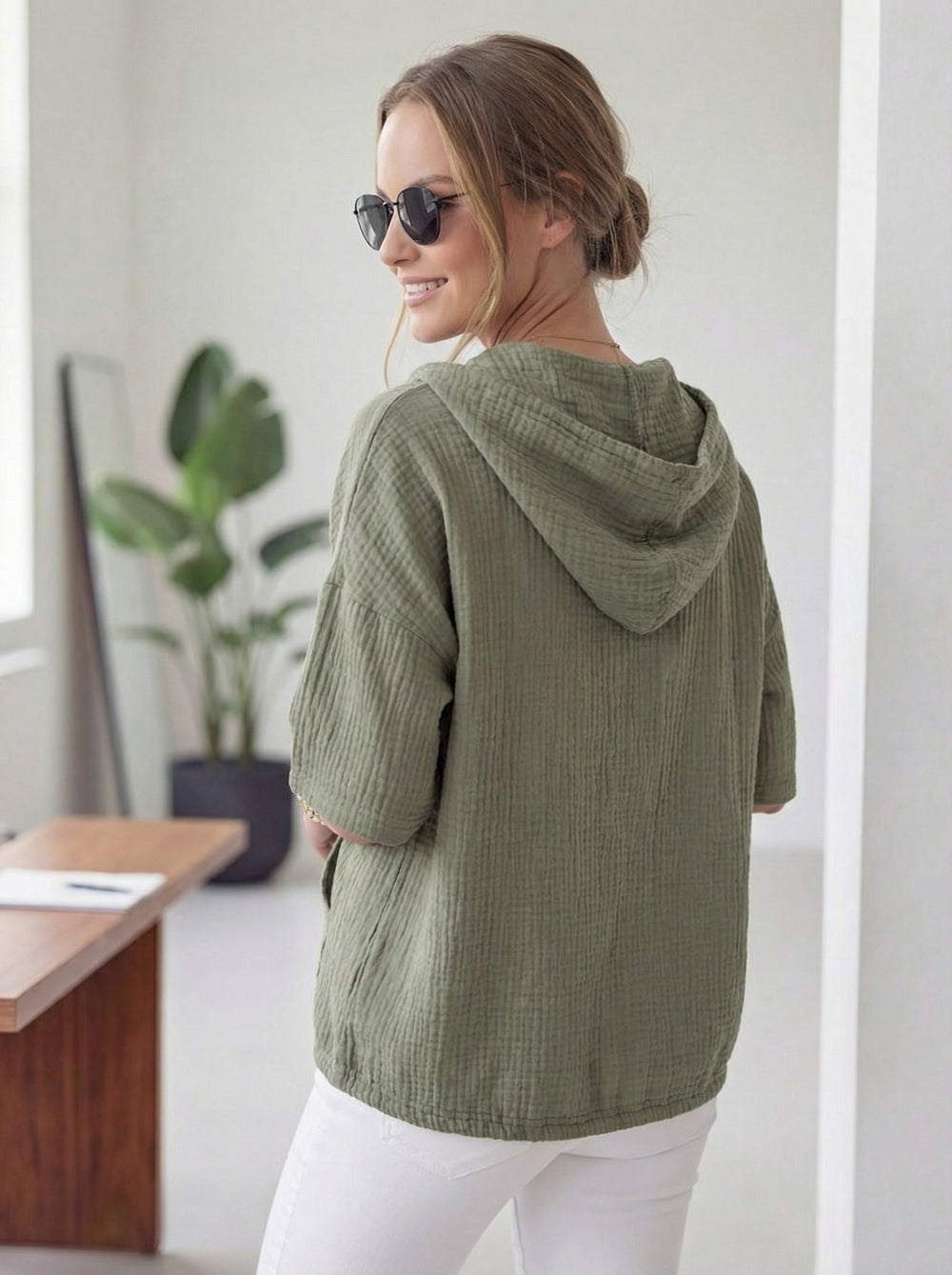 “ISABEL” Cotton Hooded Top - Khaki Green