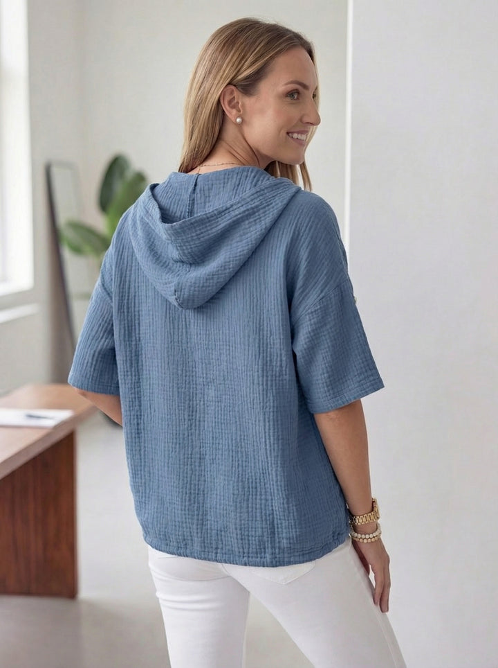 “ISABEL” Cotton Hooded Top - Denim Blue