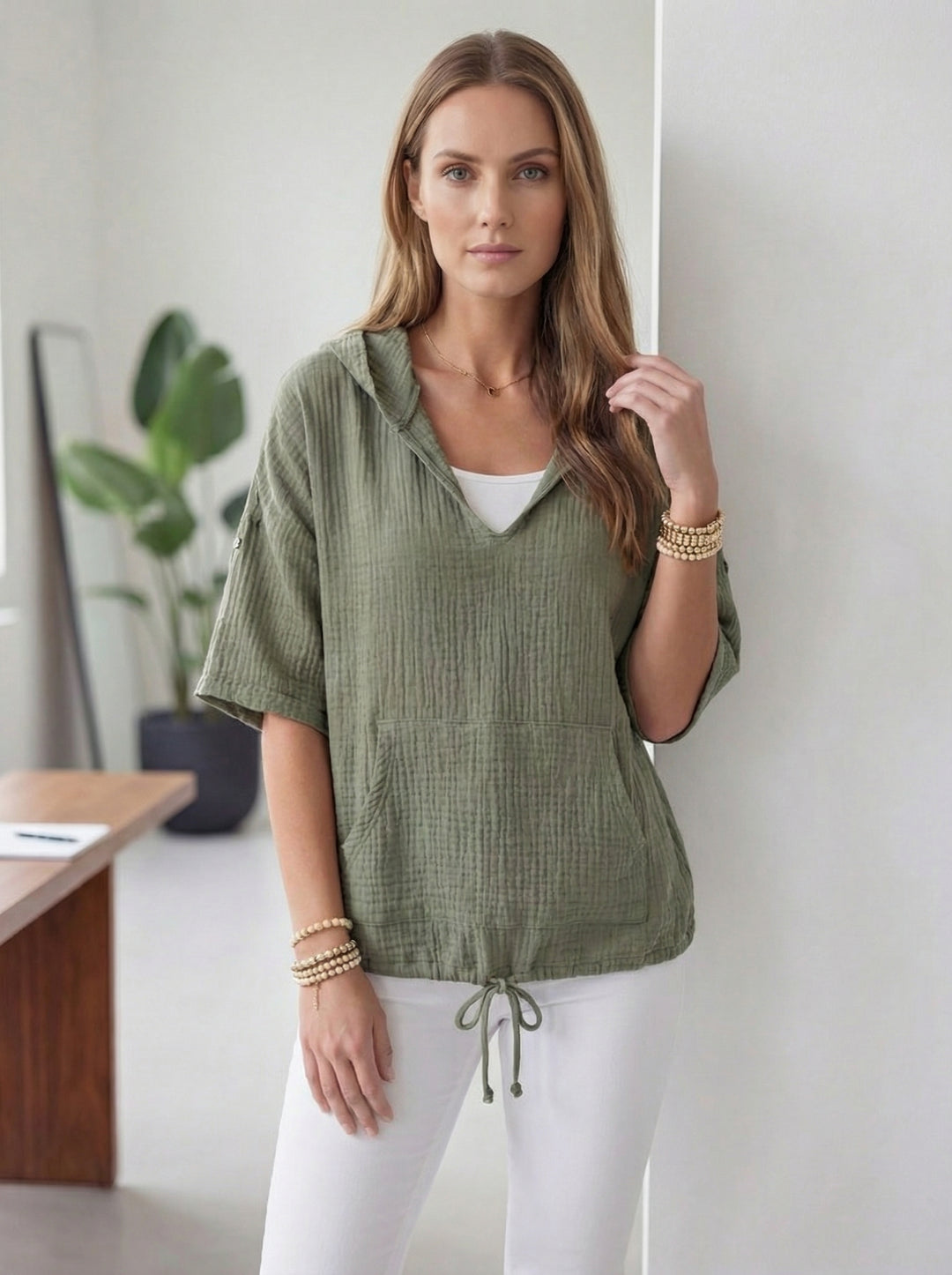 “ISABEL” Cotton Hooded Top - Khaki Green