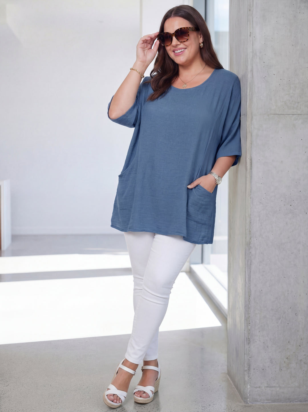 "NATALIE” Relaxed Fit Cotton Top - Denim Blue