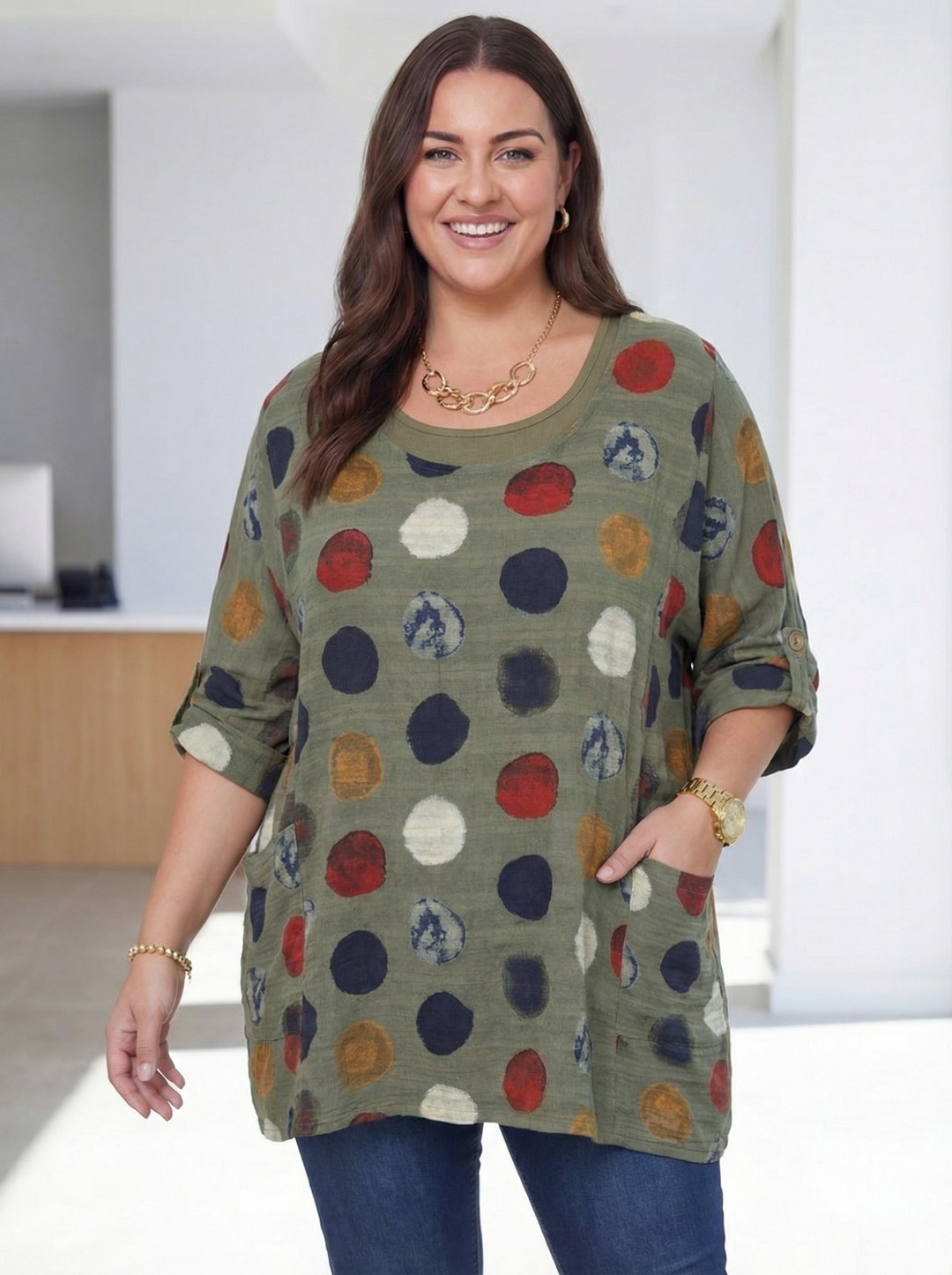 “NATALIE” Relaxed Fit Polka Dot Top - Khaki Green