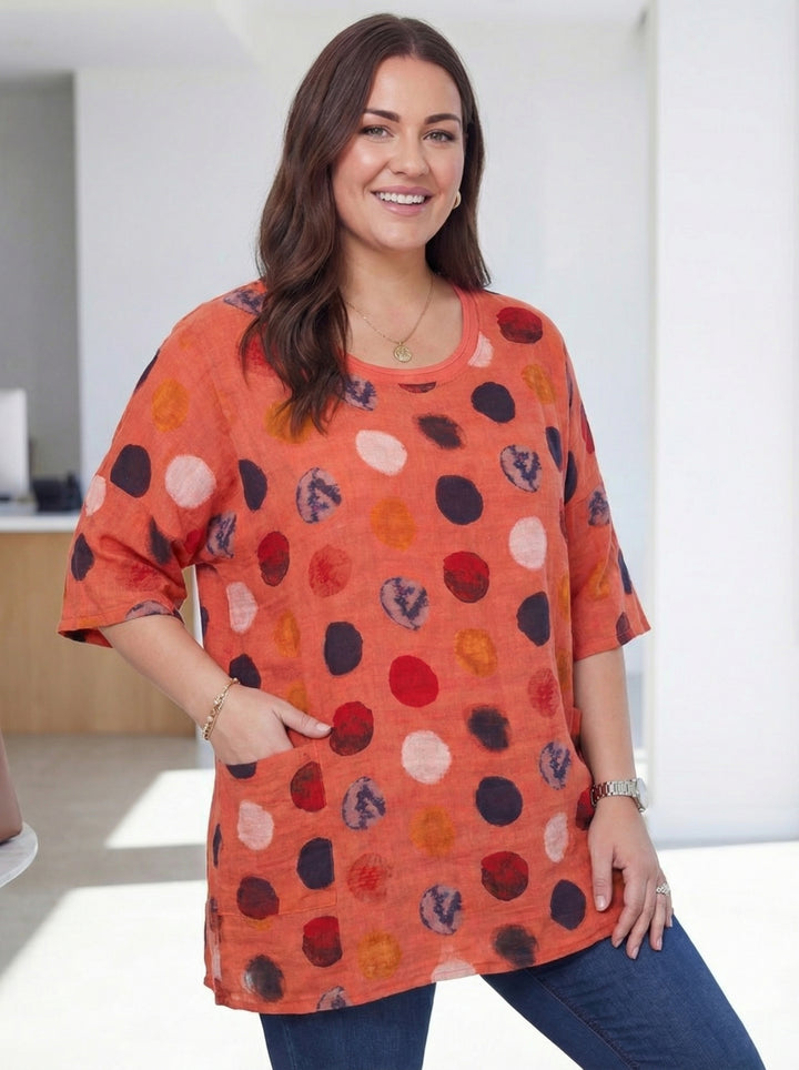 “NATALIE” Relaxed Fit Polka Dot Top - Coral