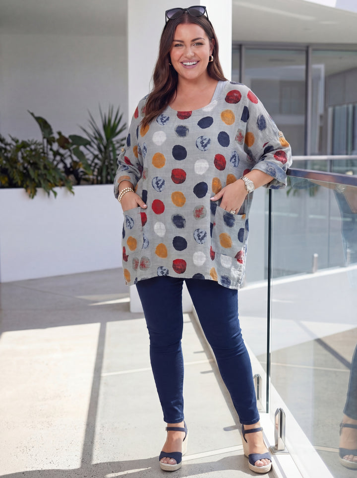 “NATALIE” Relaxed Fit Polka Dot Top - Silver