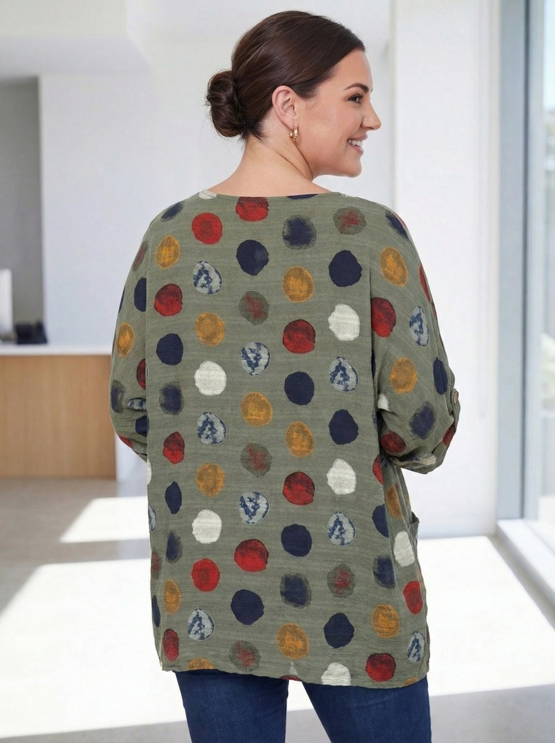 “NATALIE” Relaxed Fit Polka Dot Top - Khaki Green