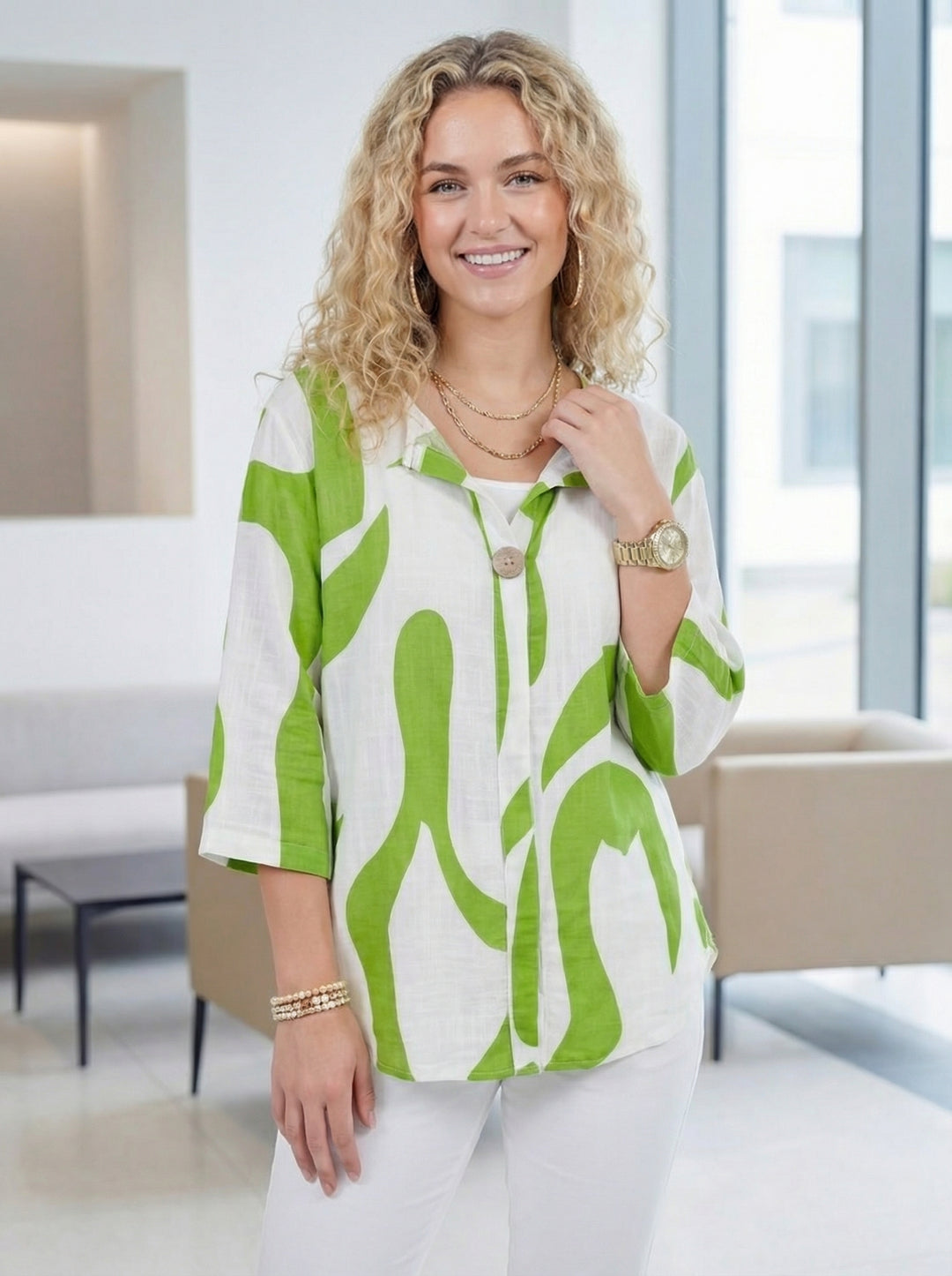"SANDRA” V-Neck Cotton Top - Lime Green