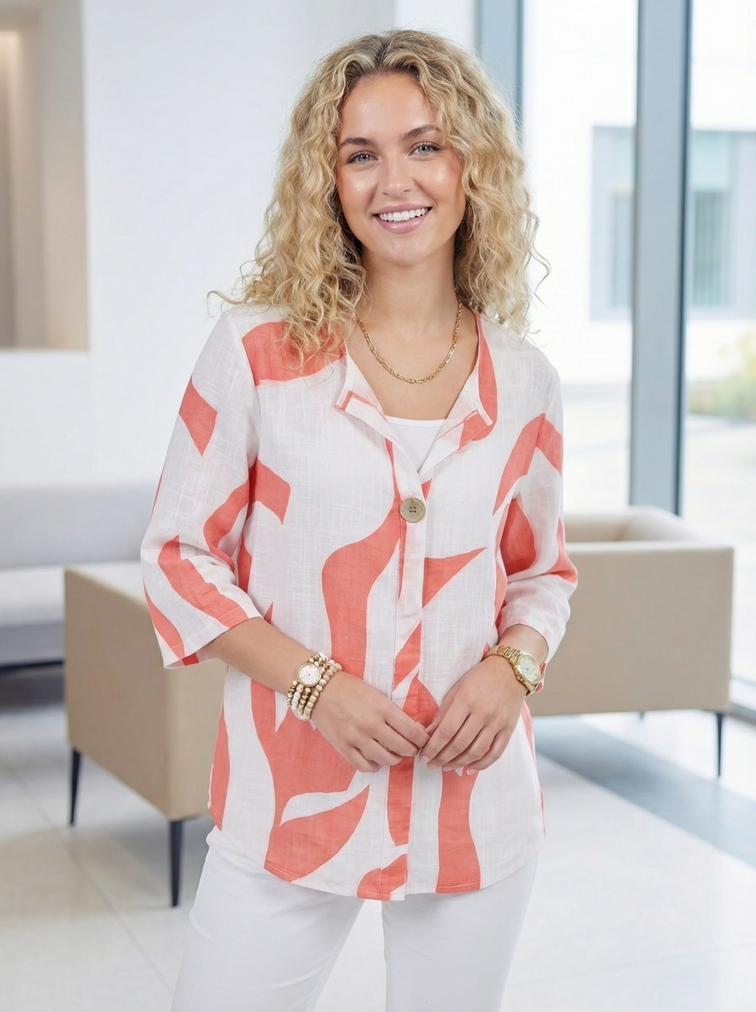 "SANDRA” V-Neck Cotton Top - Coral