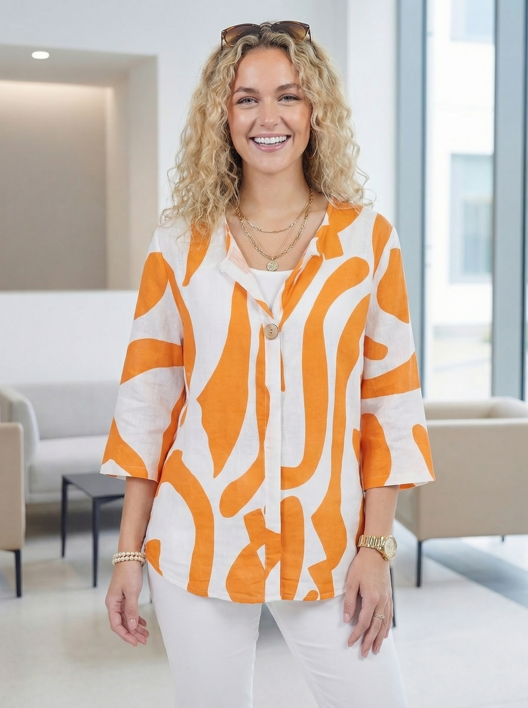 "SANDRA” V-Neck Cotton Top - Orange