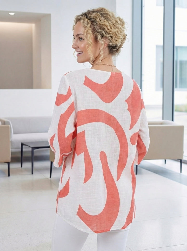 "SANDRA” V-Neck Cotton Top - Coral