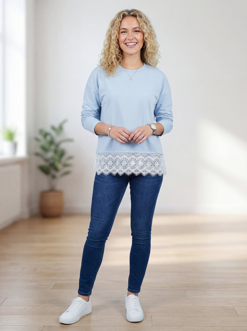 "CAMILLA” Scuba Sweat Top With Lace Trim - Sky Blue