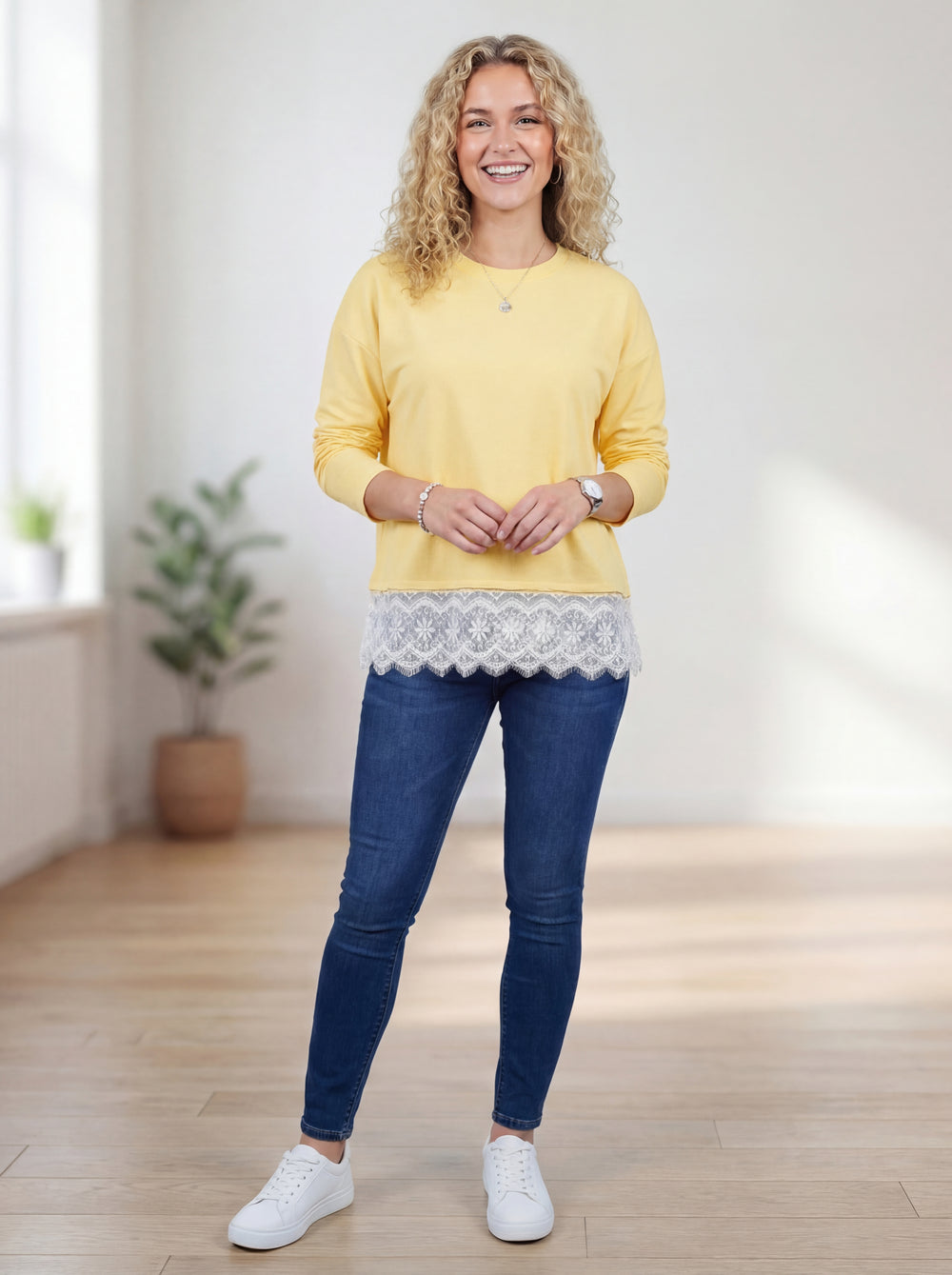 "CAMILLA” Scuba Sweat Top With Lace Trim - Yellow