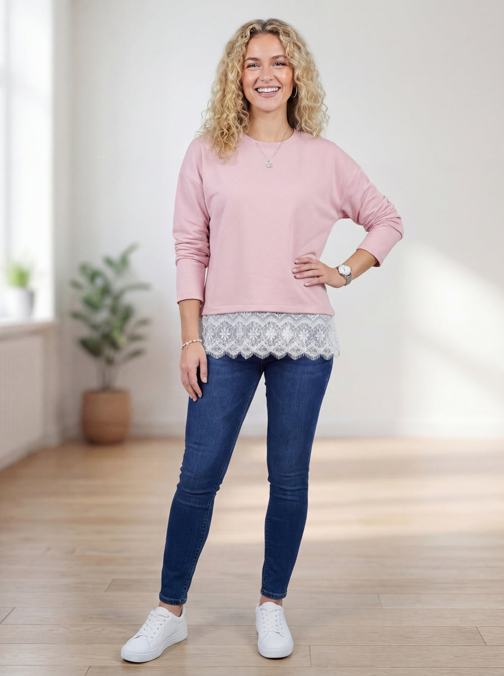 "CAMILLA” Scuba Sweat Top With Lace Trim - Blush Pink