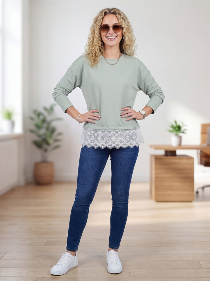 "CAMILLA” Scuba Sweat Top With Lace Trim - Mint