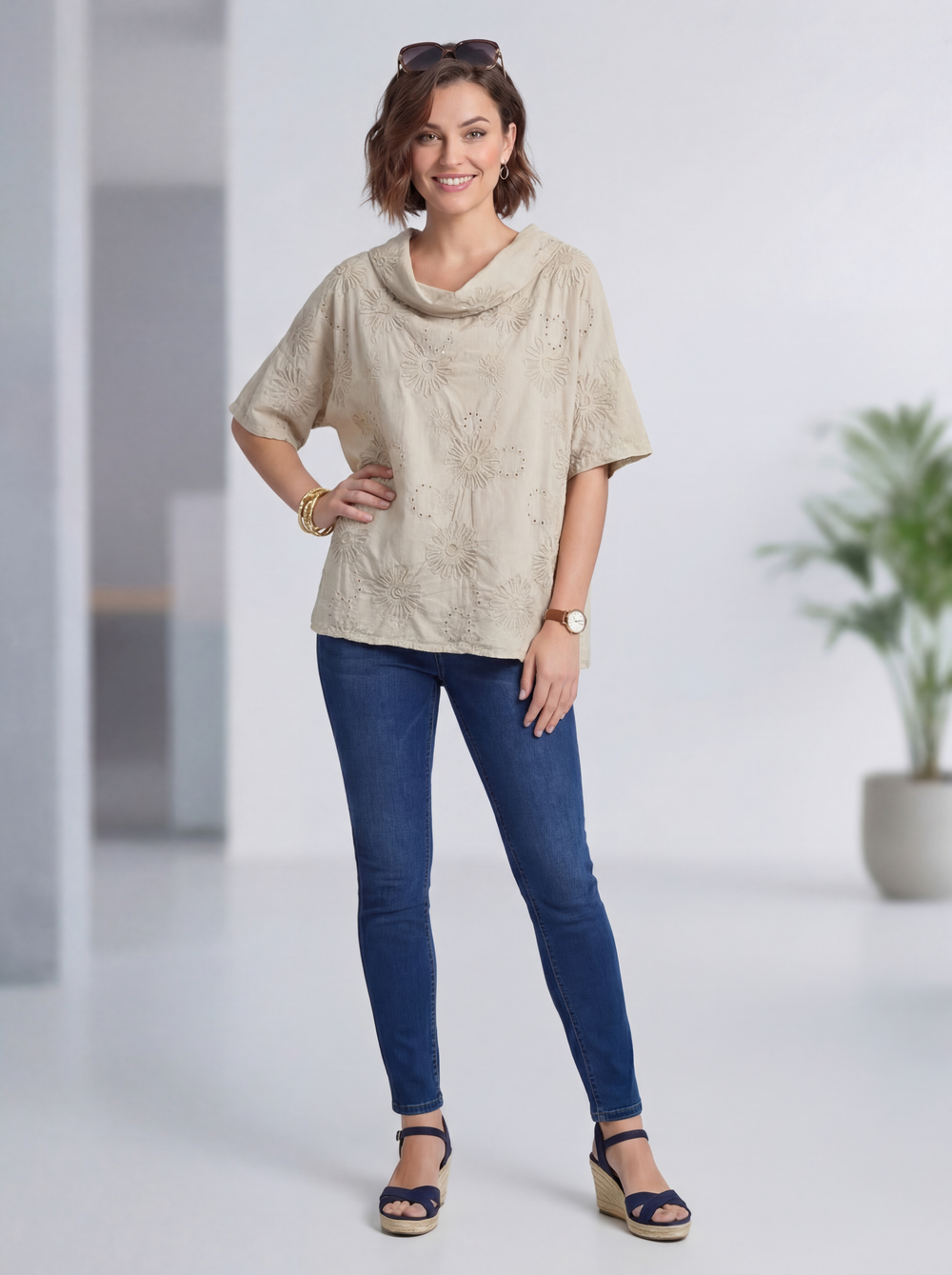 "SAVANNAH” Cowl Neck Broderie Anglaise Top - Mocha