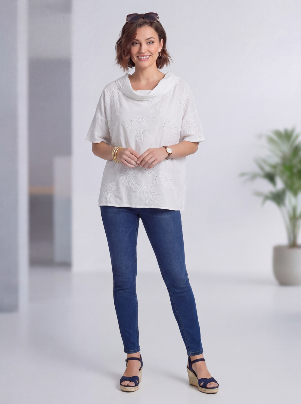 "SAVANNAH” Cowl Neck Broderie Anglaise Top - White