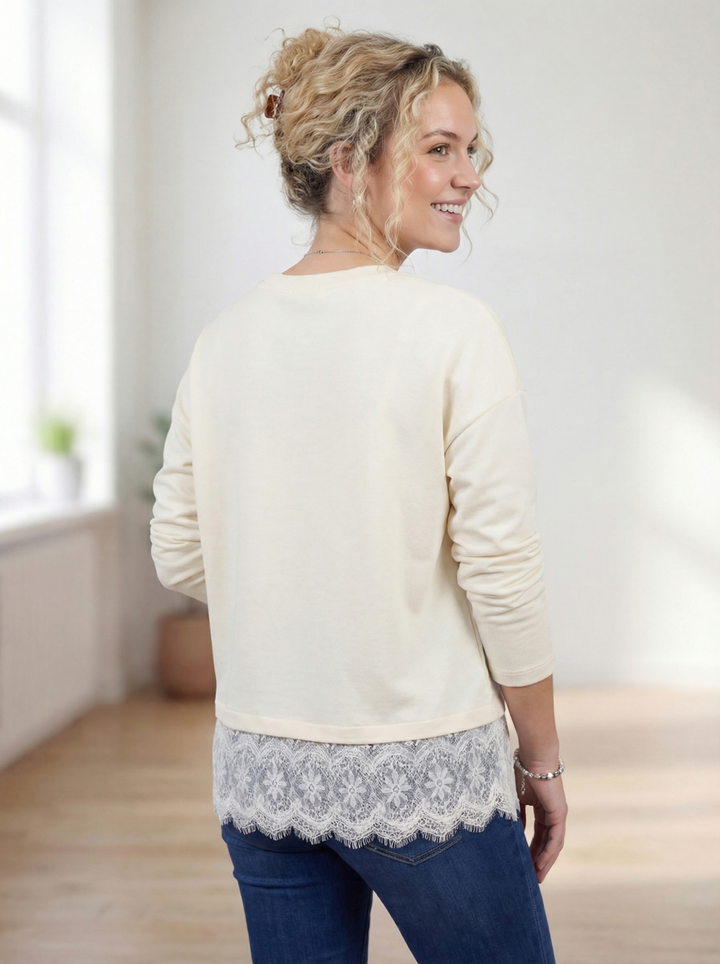 "CAMILLA” Scuba Sweat Top With Lace Trim - Off White