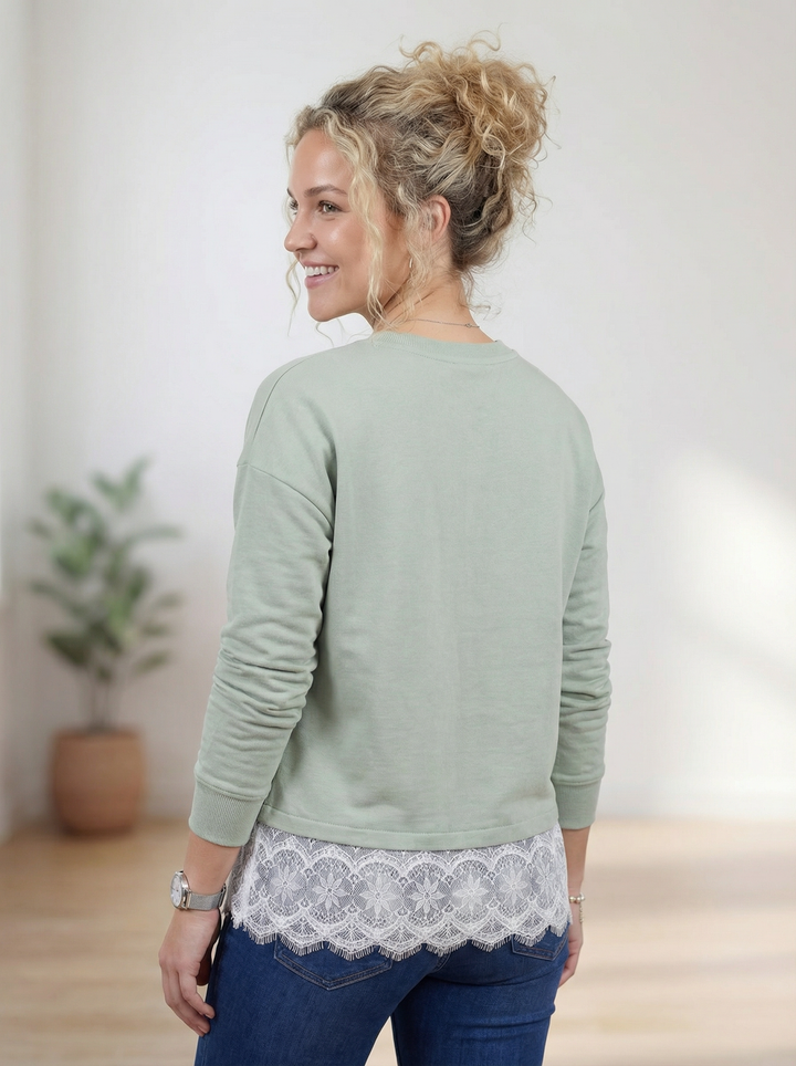 "CAMILLA” Scuba Sweat Top With Lace Trim - Mint