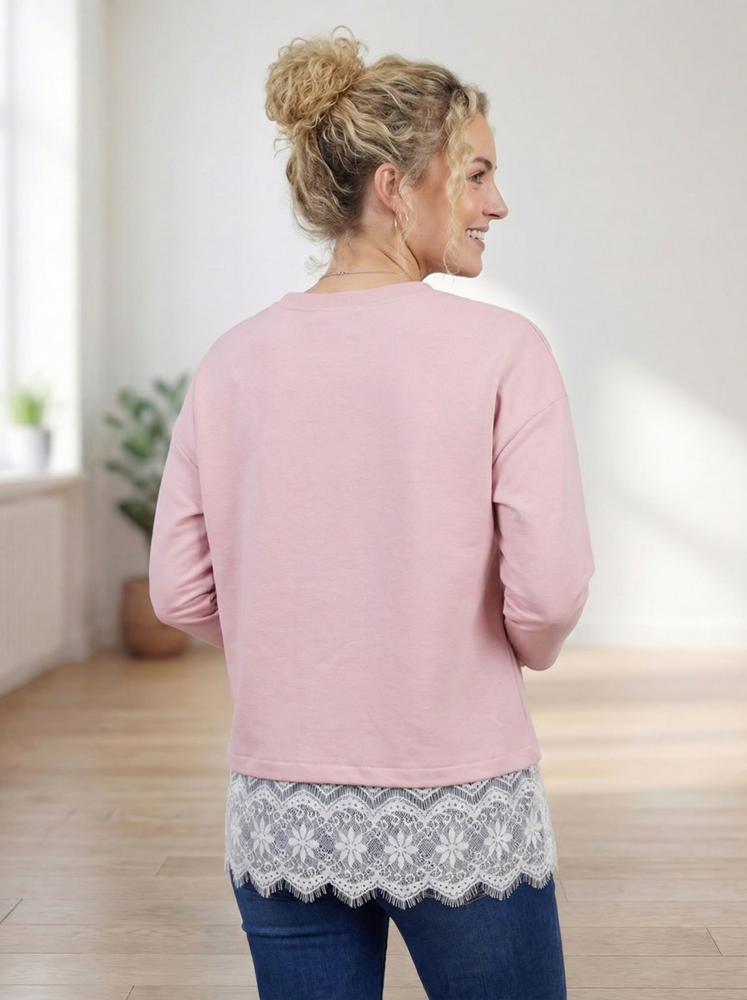 "CAMILLA” Scuba Sweat Top With Lace Trim