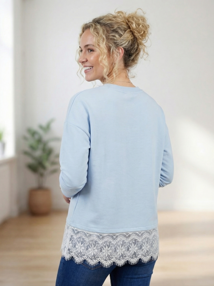 "CAMILLA” Scuba Sweat Top With Lace Trim - Sky Blue