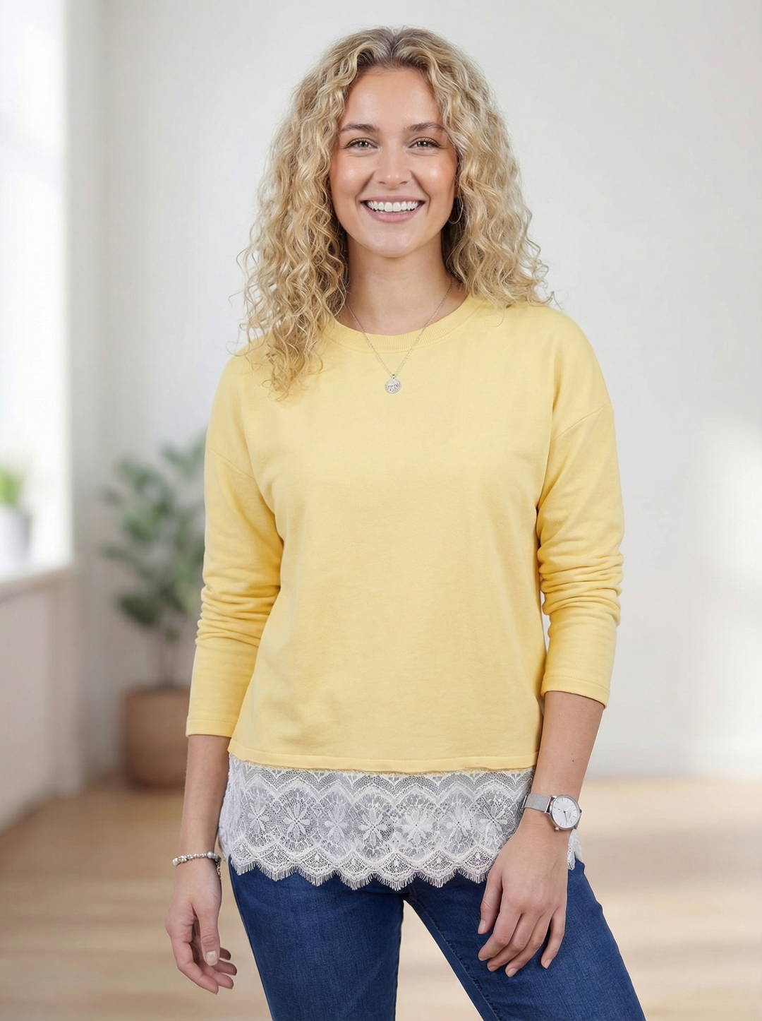 "CAMILLA” Scuba Sweat Top With Lace Trim - Yellow