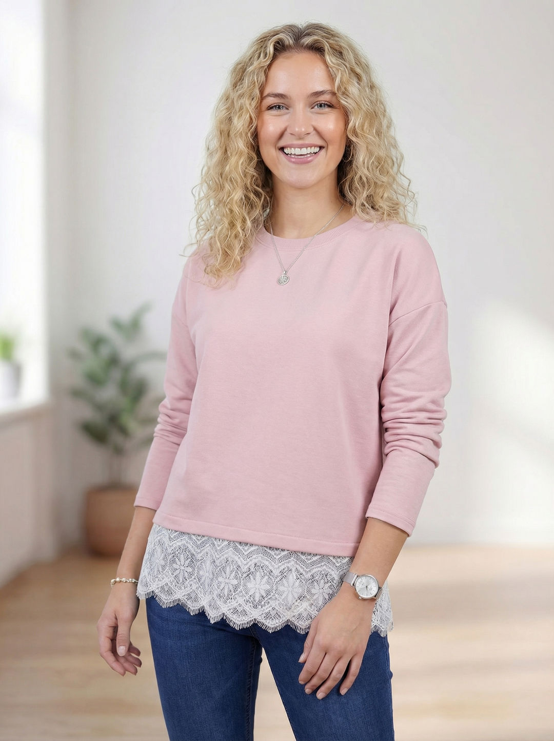 "CAMILLA” Scuba Sweat Top With Lace Trim - Blush Pink