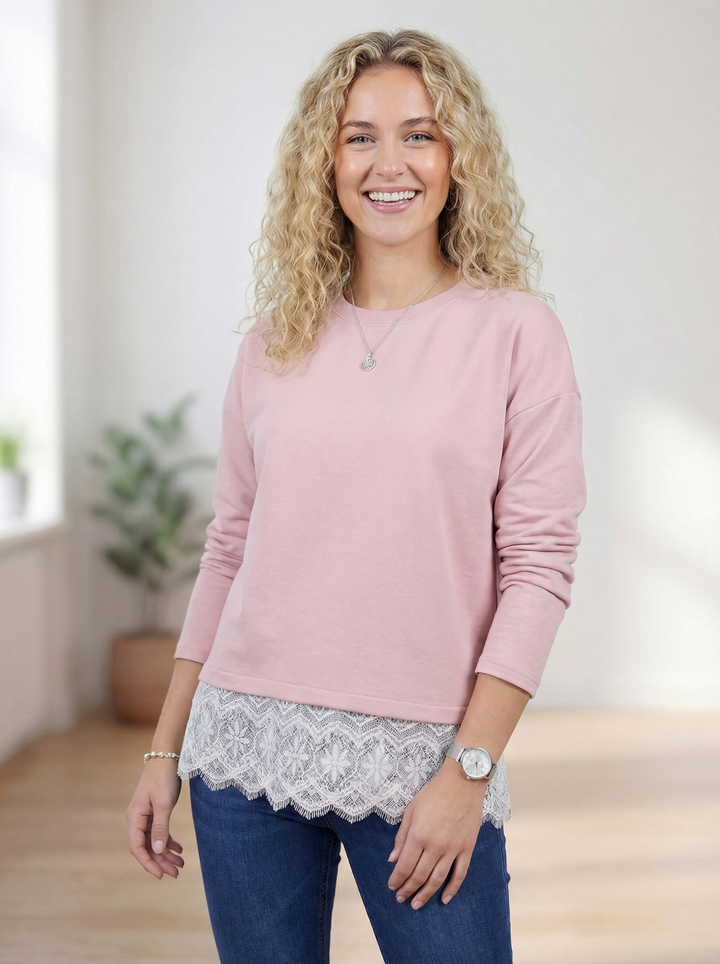 "CAMILLA” Scuba Sweat Top With Lace Trim