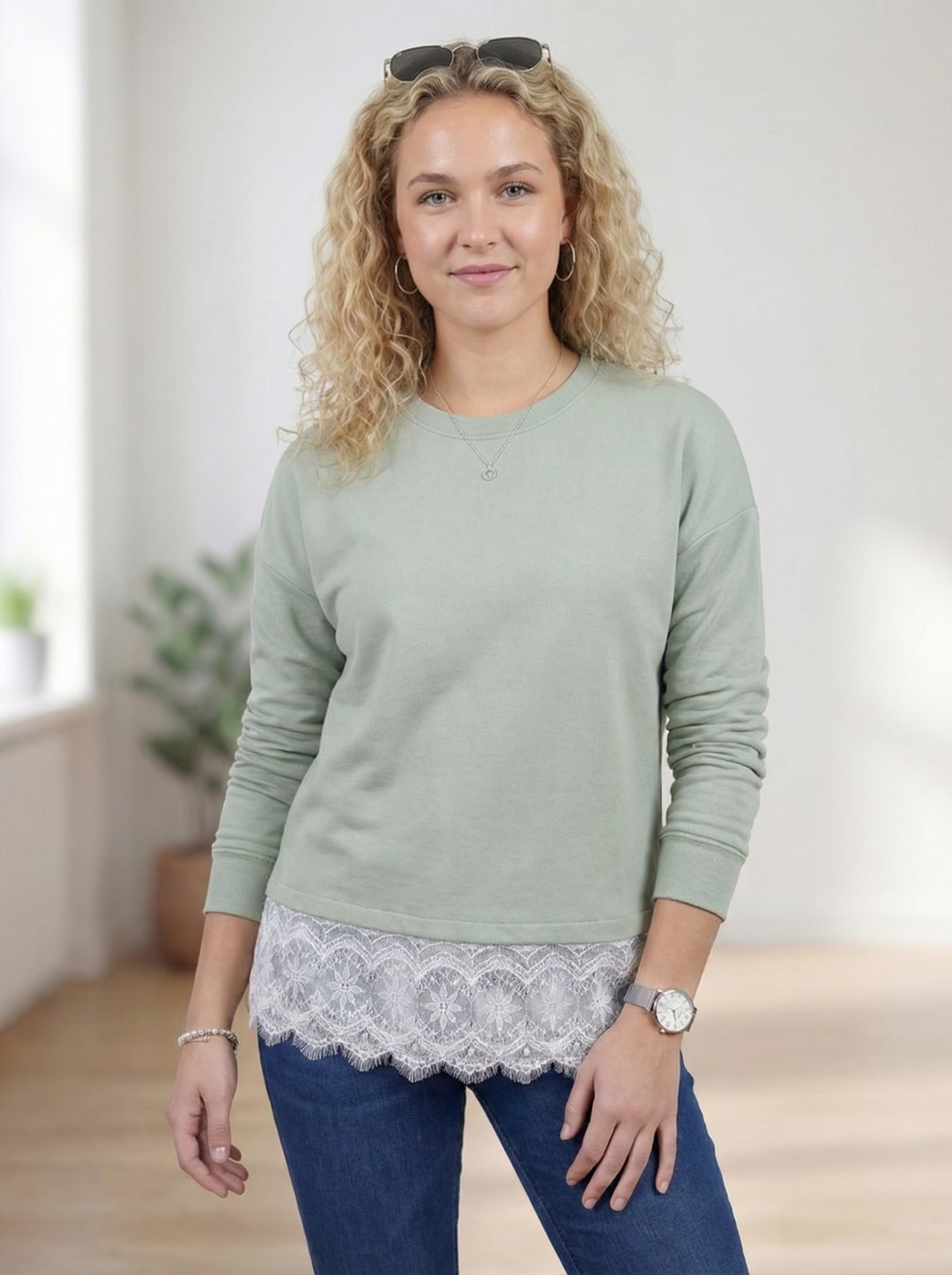 "CAMILLA” Scuba Sweat Top With Lace Trim - Mint