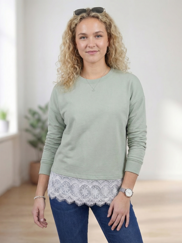 "CAMILLA” Scuba Sweat Top With Lace Trim - Mint