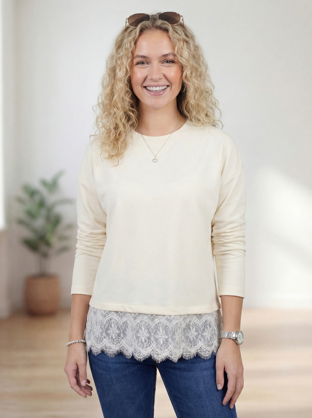 "CAMILLA” Scuba Sweat Top With Lace Trim - Off White