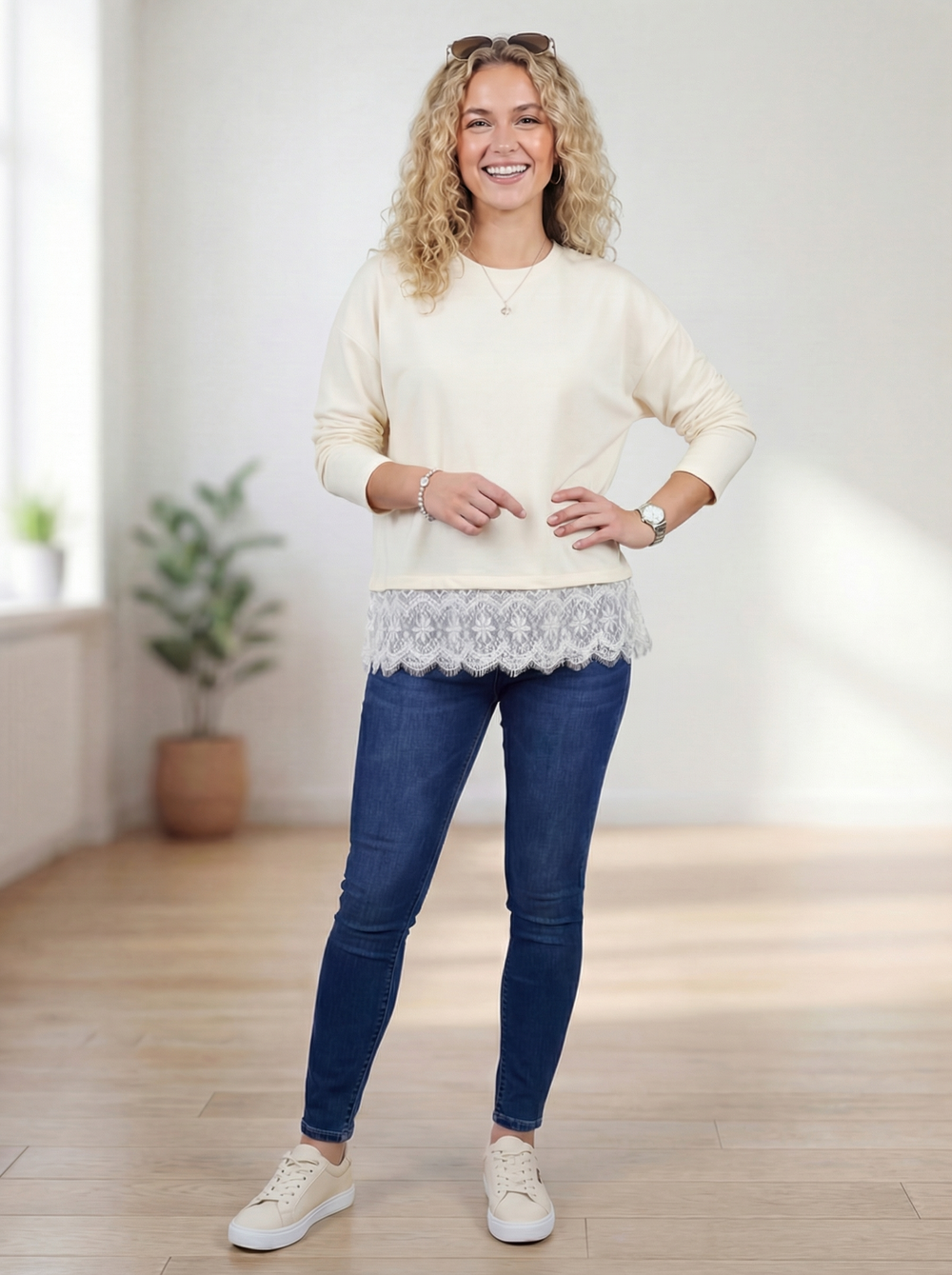 "CAMILLA” Scuba Sweat Top With Lace Trim - Off White