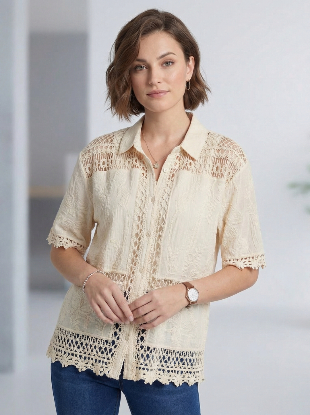 "LYDIA” Crochet Shirt / Blouse - Cream