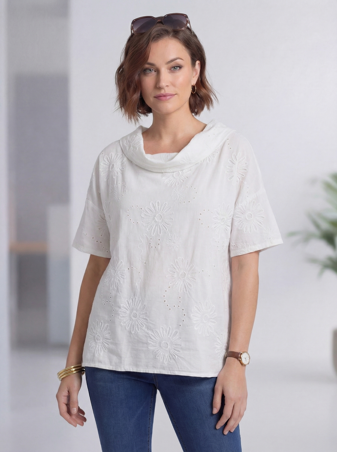 "SAVANNAH” Cowl Neck Broderie Anglaise Top - White