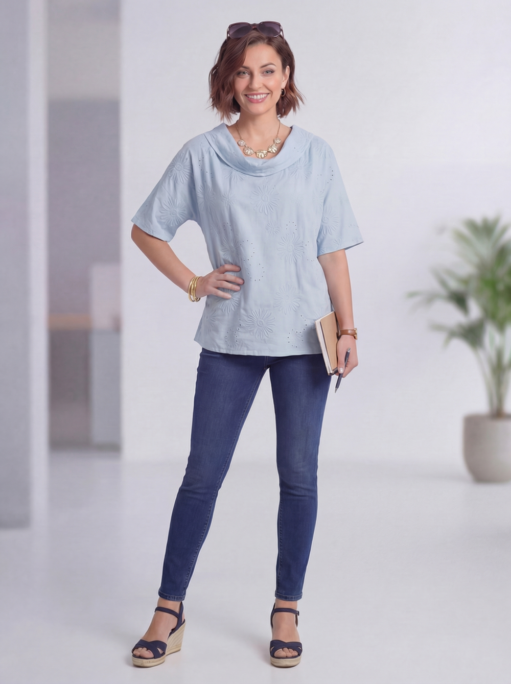 "SAVANNAH” Cowl Neck Broderie Anglaise Top - Sky Blue