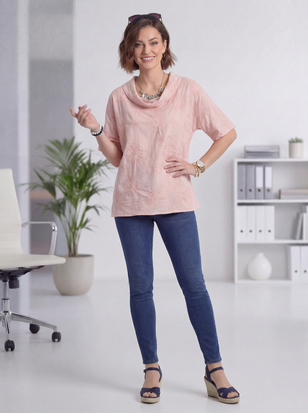 "SAVANNAH” Cowl Neck Broderie Anglaise Top - Blush Pink