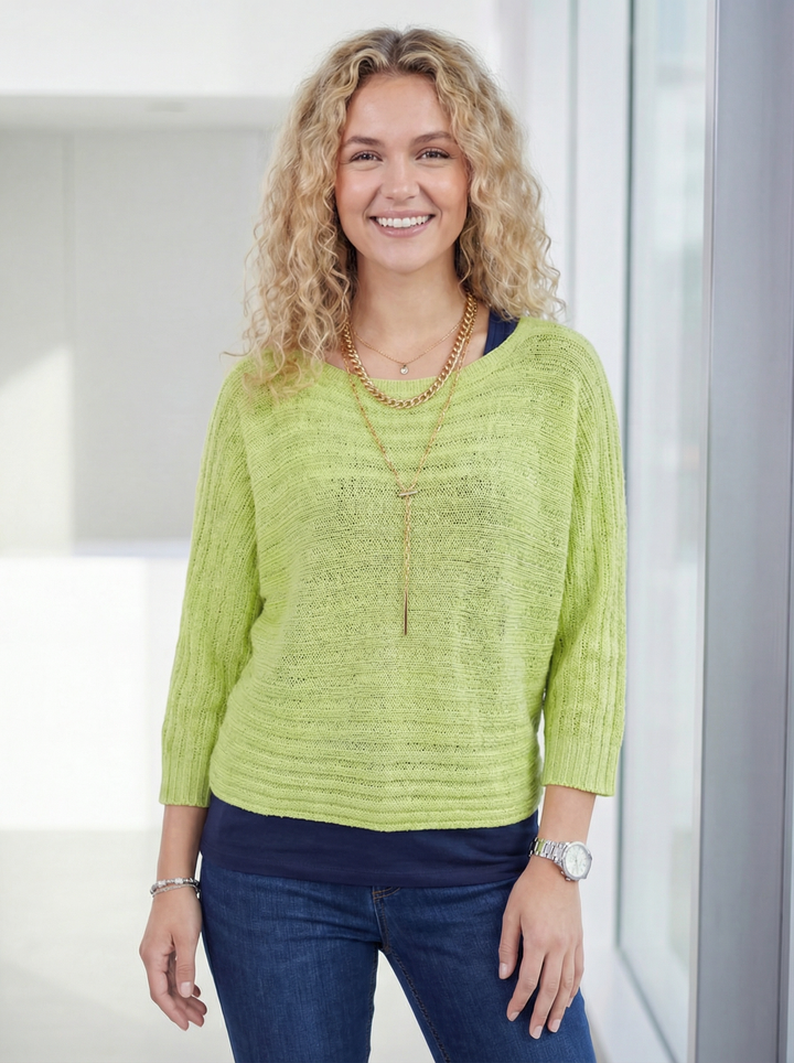 "BELLE” Ribbed Texture Fine Knit Top - Lime Green