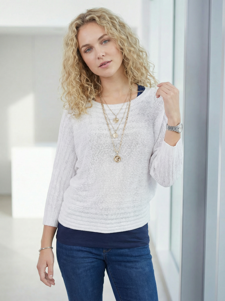 "BELLE” Ribbed Texture Fine Knit Top - White