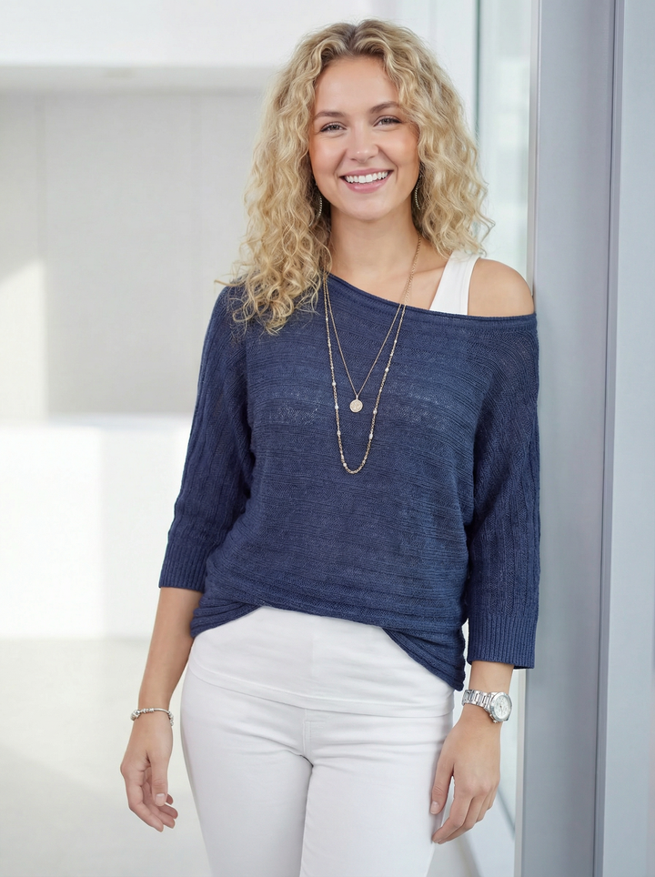 "BELLE” Ribbed Texture Fine Knit Top - Navy