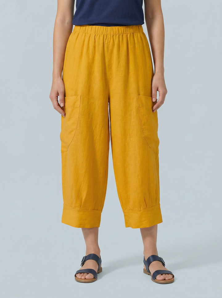 "VICKY” Crop Linen Trouser - Mustard
