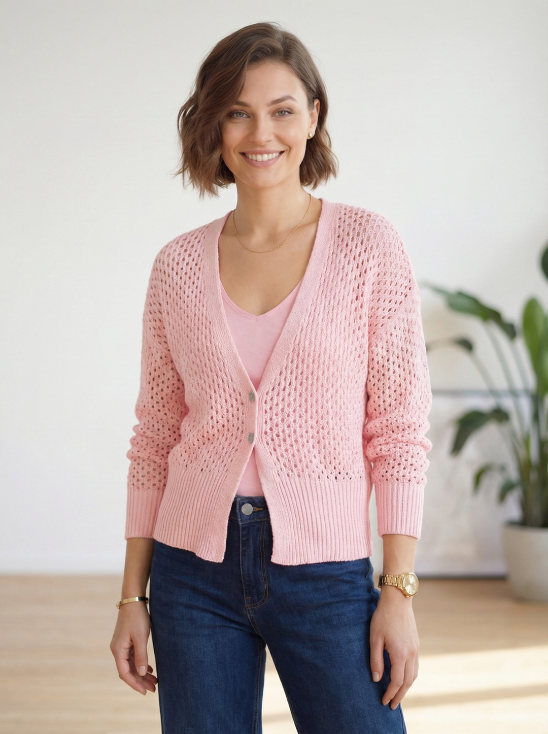 "MICHELLE” Short Crochet Knit Cardigan / Top - Blush Pink