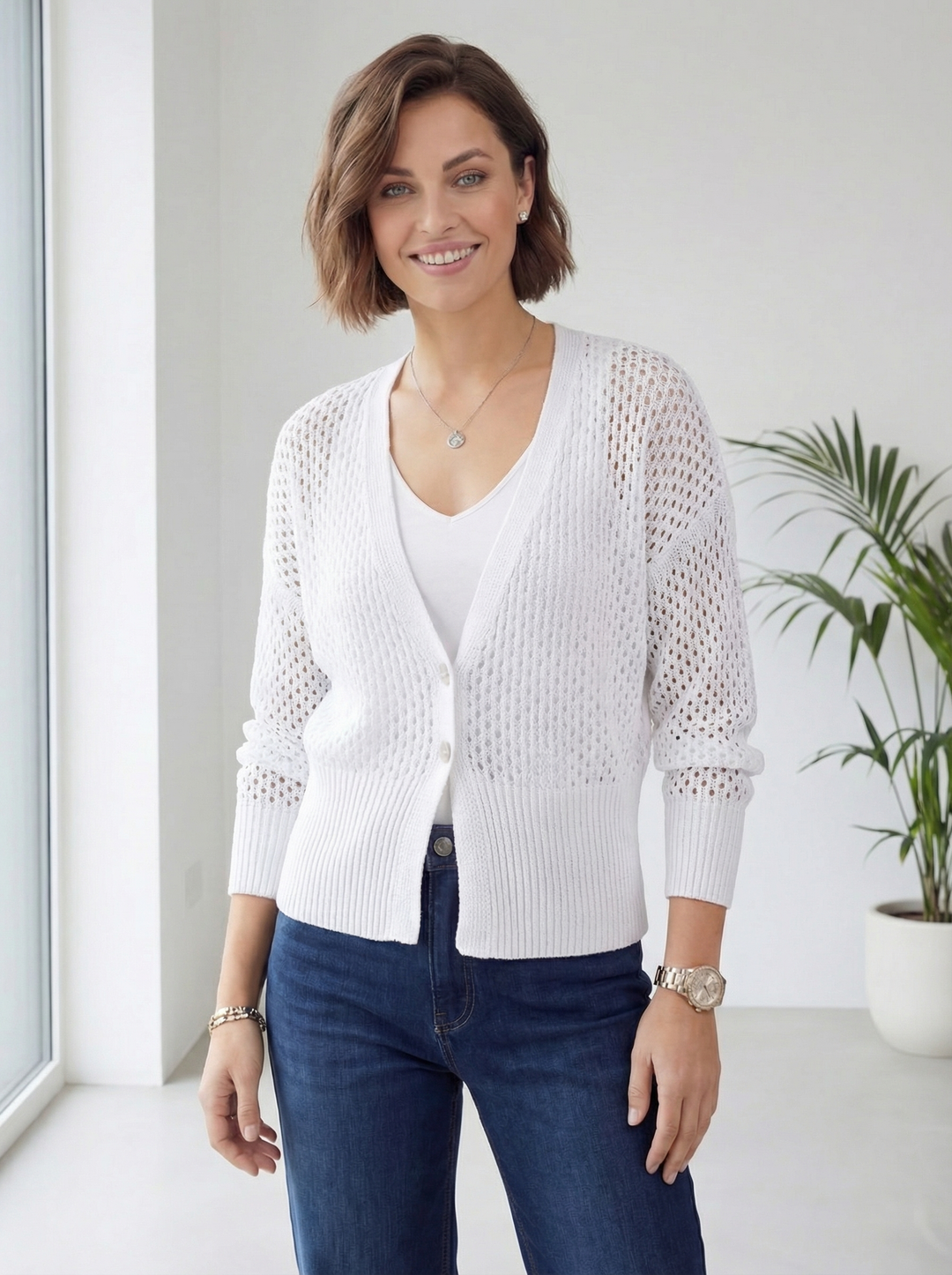 ICHELLE” Short Crochet Knit Cardigan / Top - White