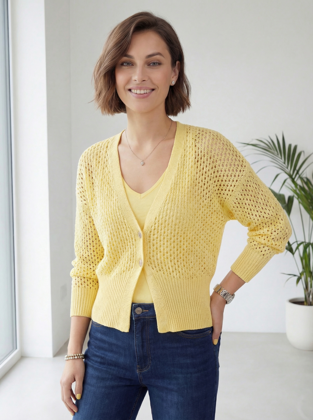 "MICHELLE” Short Crochet Knit Cardigan / Top - Yellow